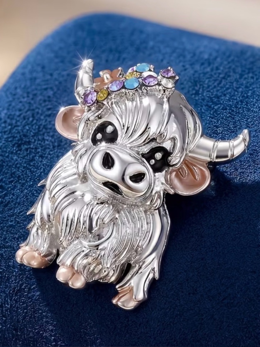 Silver Highland Cow Brooch with Pastel Gem Crown - NWOT